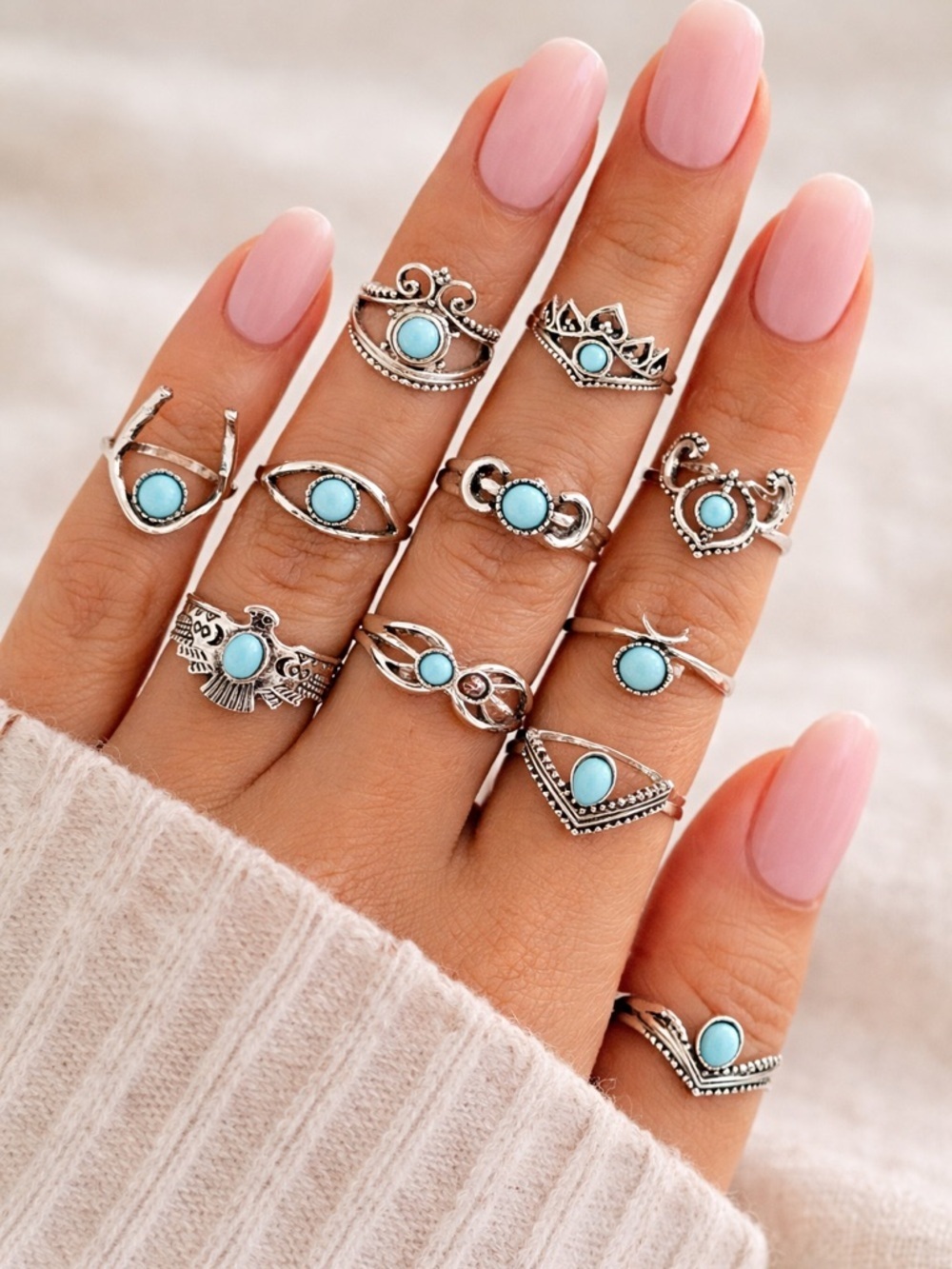Boho Turquoise Silver Tone Midi and Stackable Ring Set - 11 Pieces